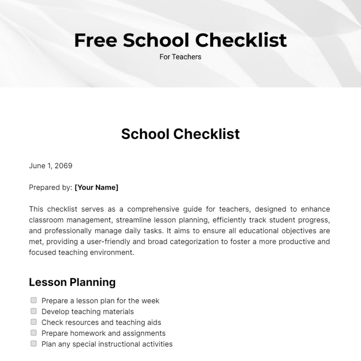 Free School Checklist For Teachers  Template