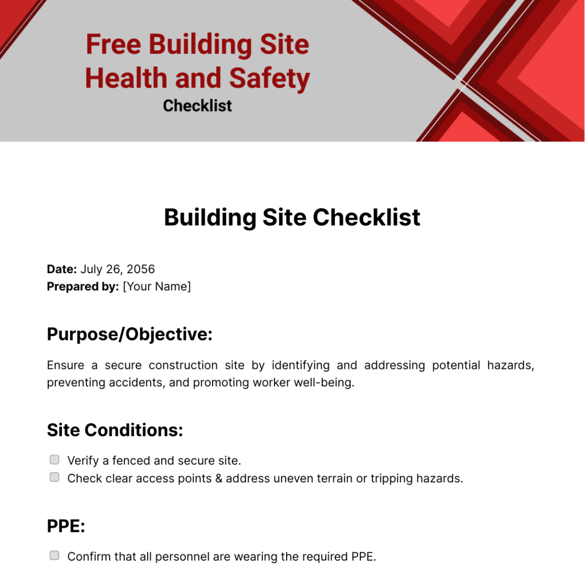 Free Building Site Health and Safety Checklist Template