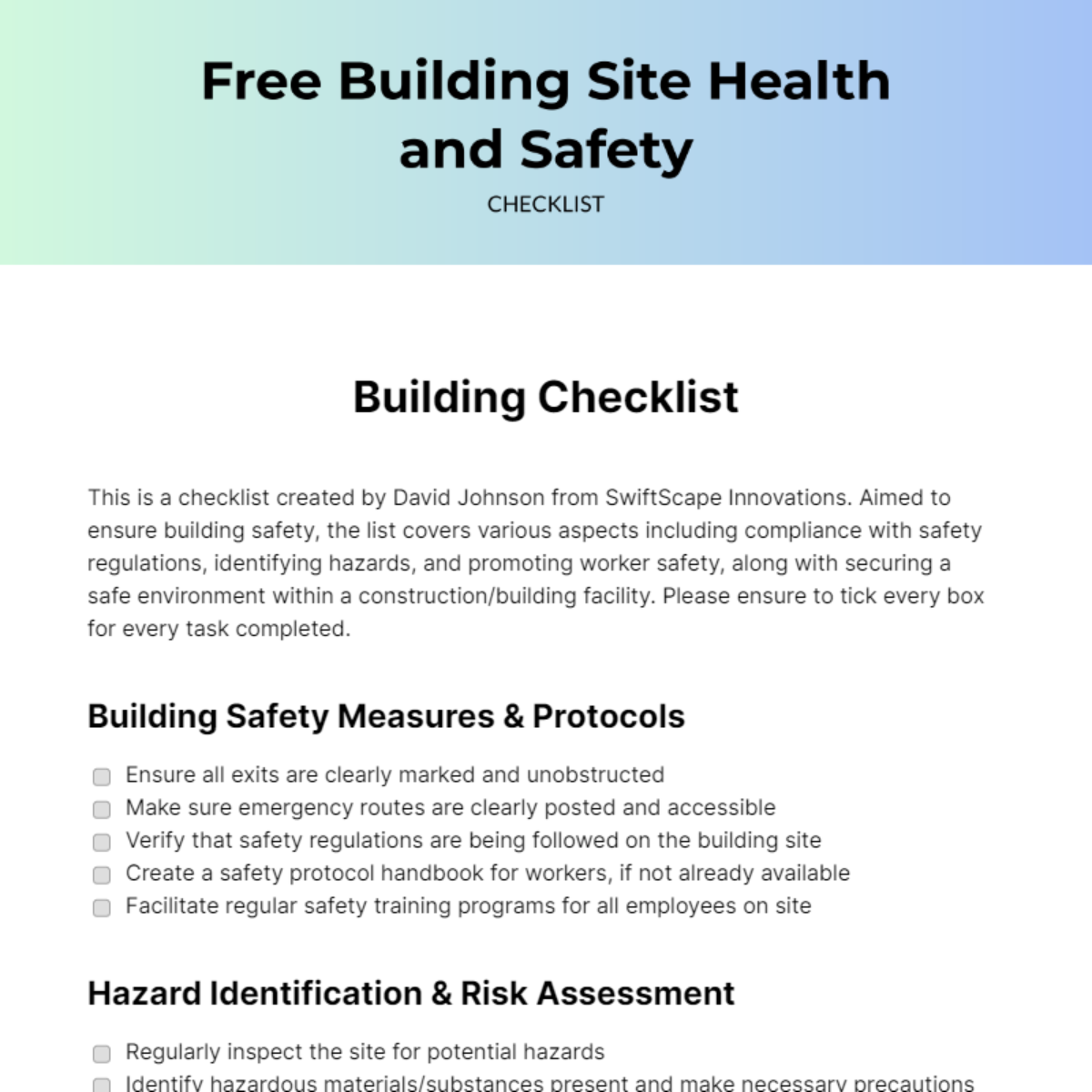 Free Building Site Health And Safety Checklist - Edit Online & Download ...