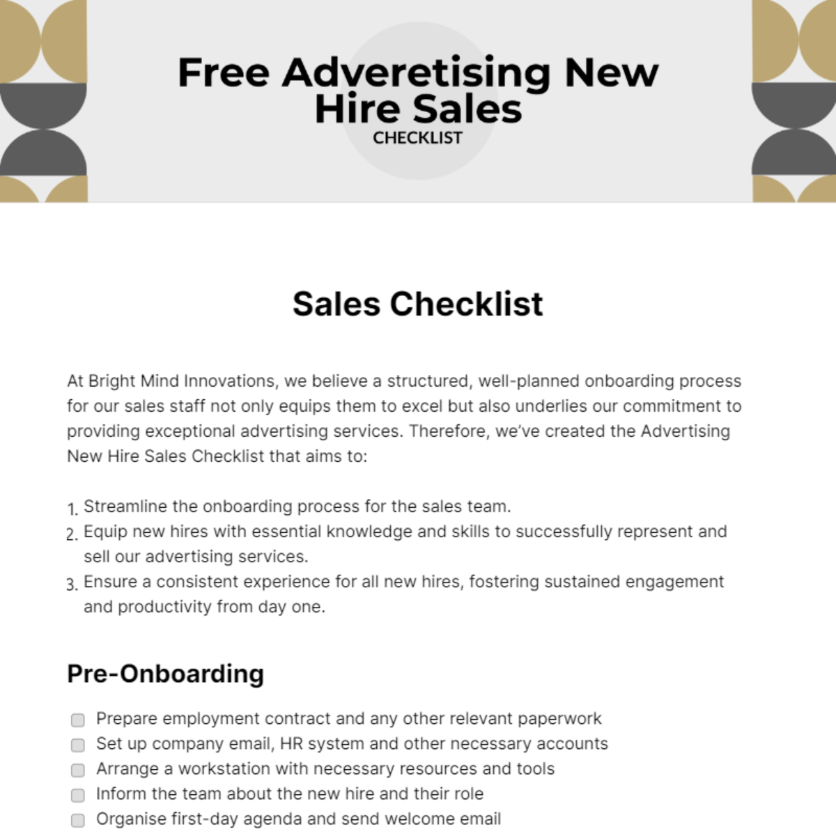 Adveretising New Hire Sales Checklist Template