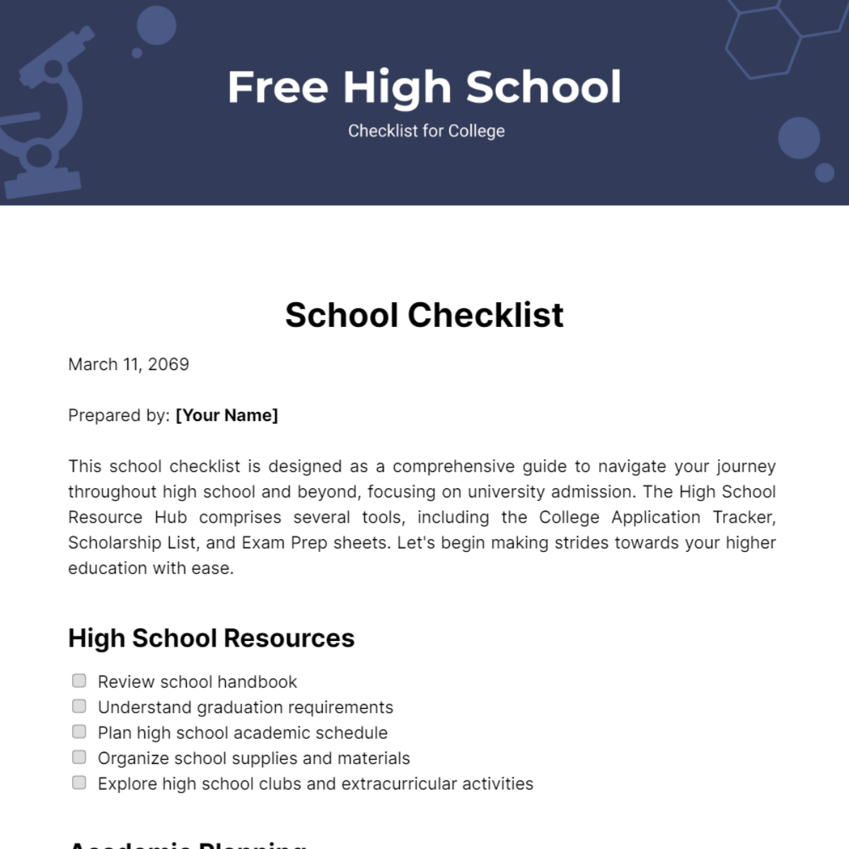 High School Checklist for College Template