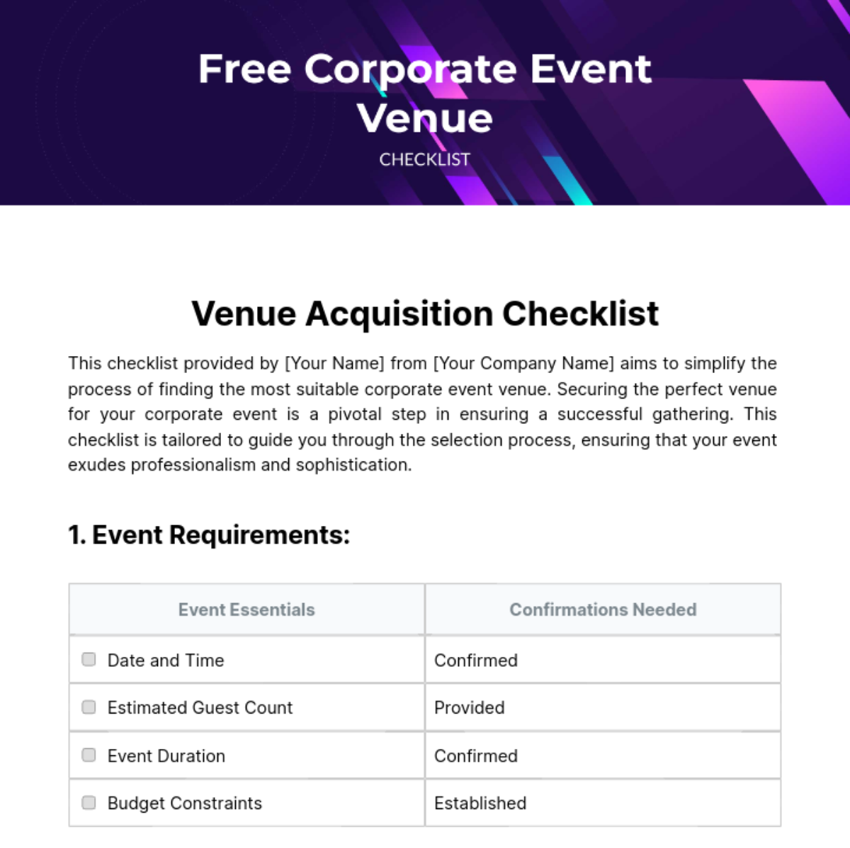 Free Corporate Event Venue Checklist Template