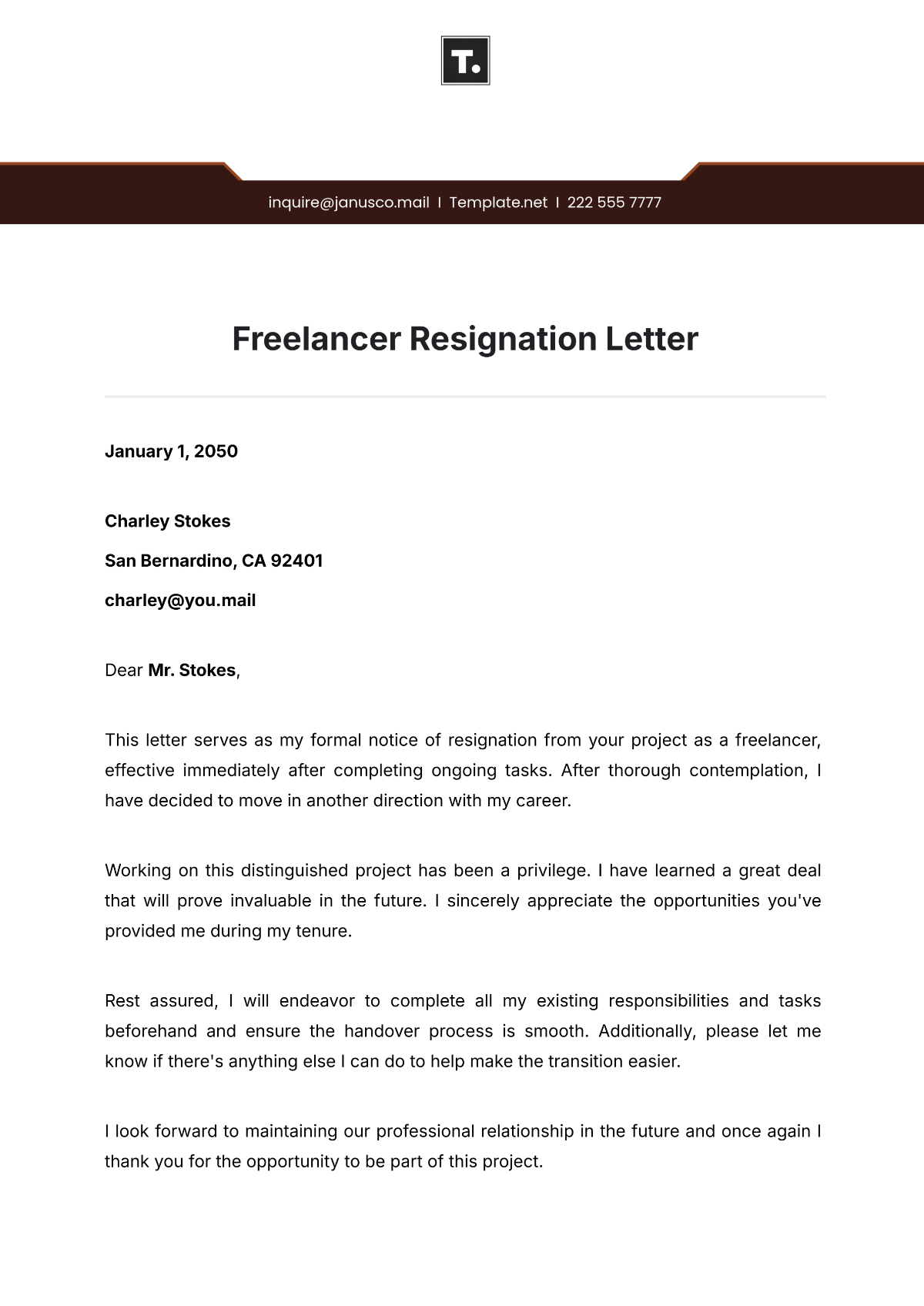 Freelancer Resignation Letter Template - Edit Online & Download