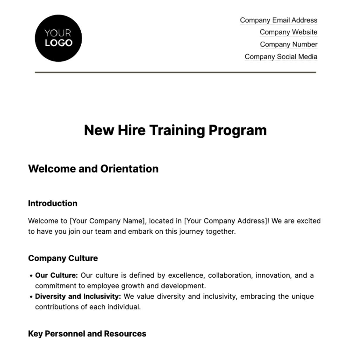 New Hire Training Program HR Template