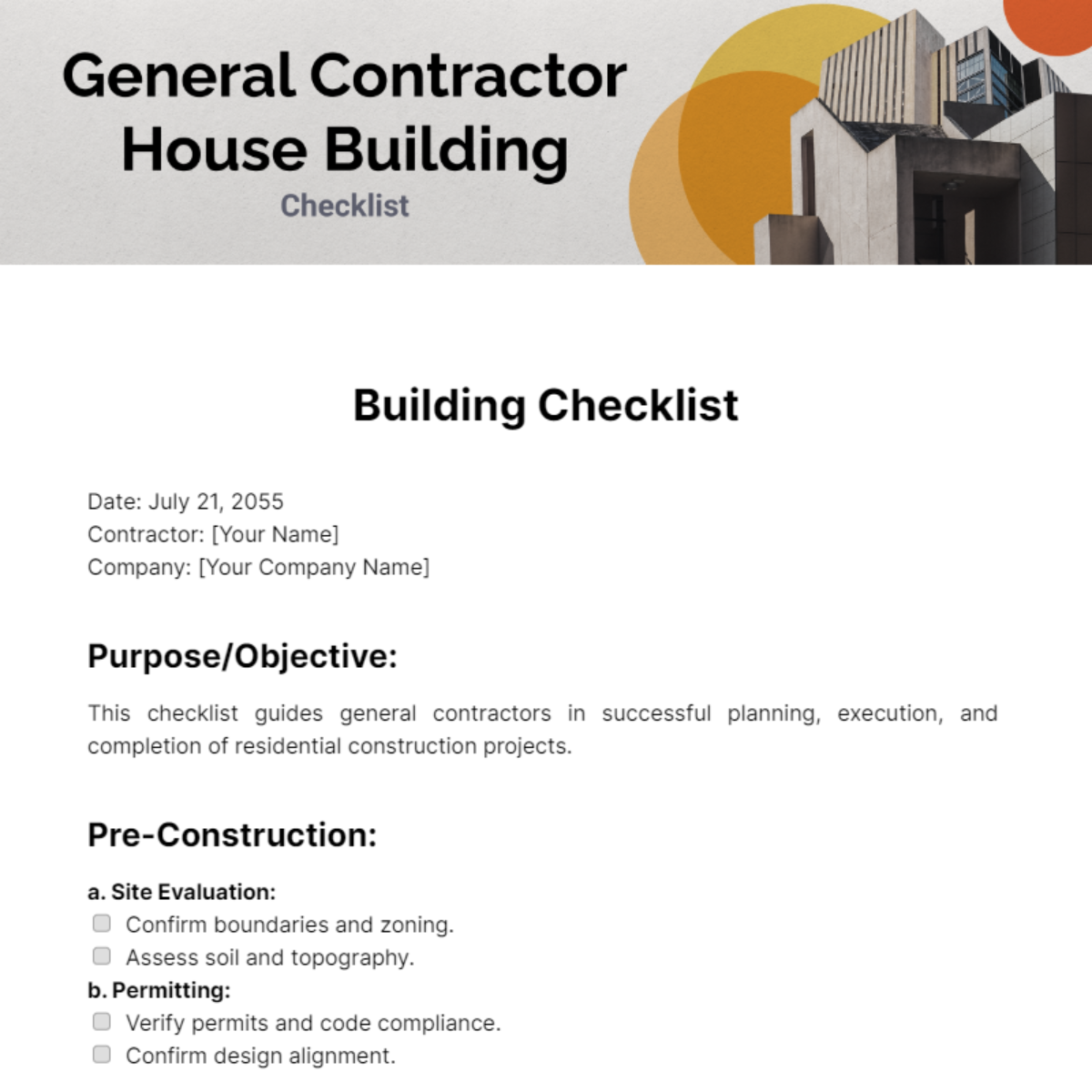 General Contractor House Building Checklist Template