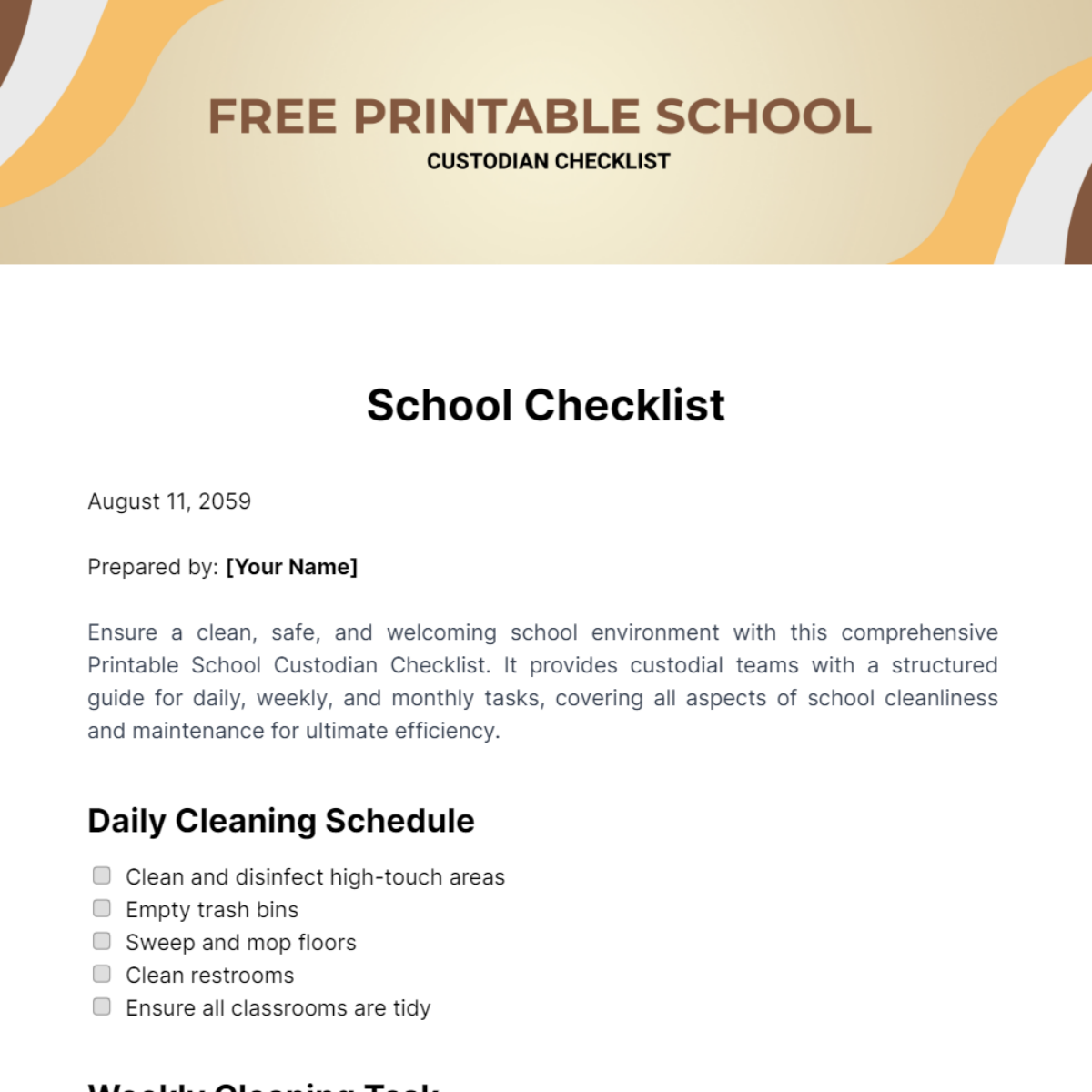 Printable School Custodian Checklist  Template