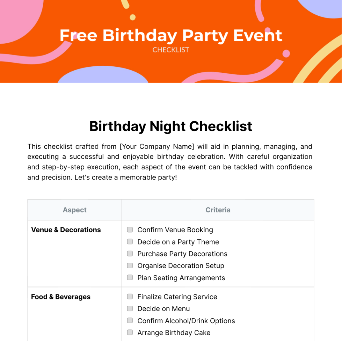Free Birthday Party Event Checklist Template