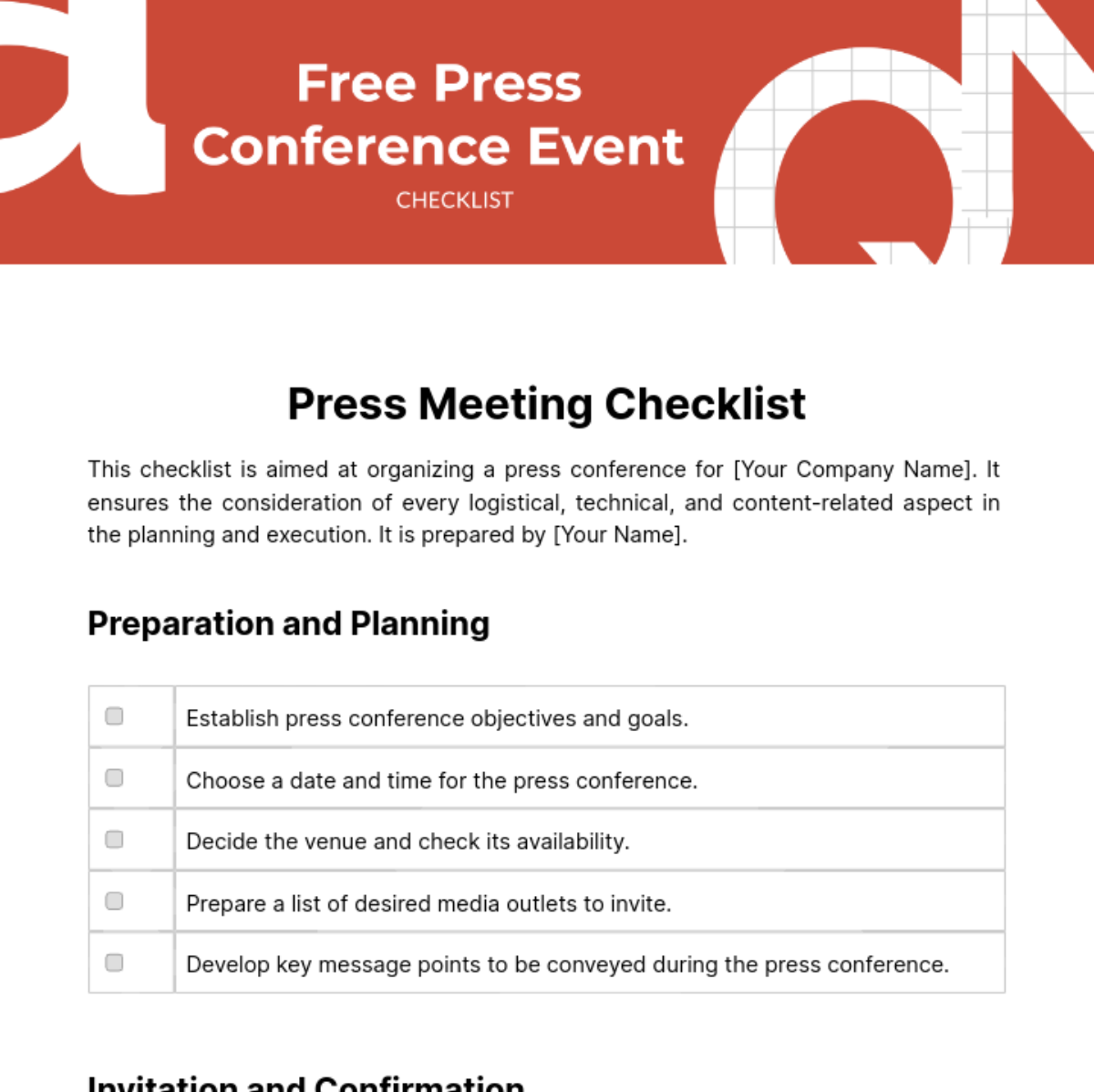 Free Press Conference Event Checklist Template
