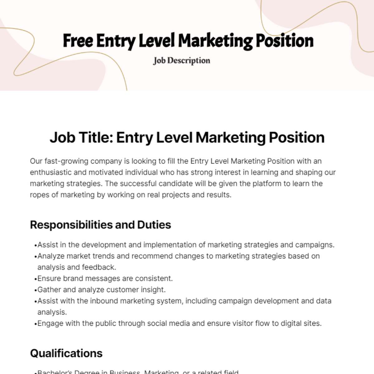 Free Entry Level Marketing Job Description Template