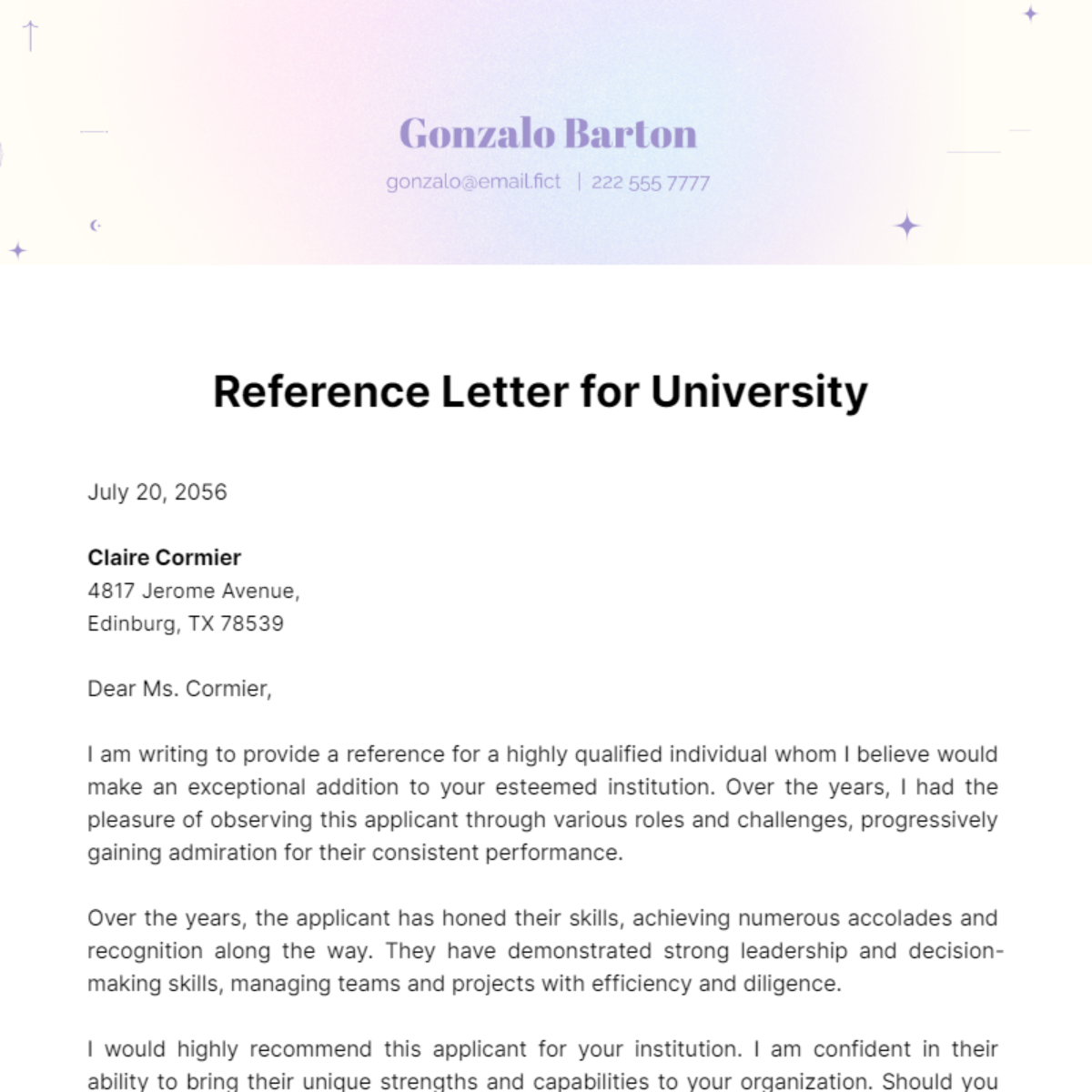 Reference Letter for University Template