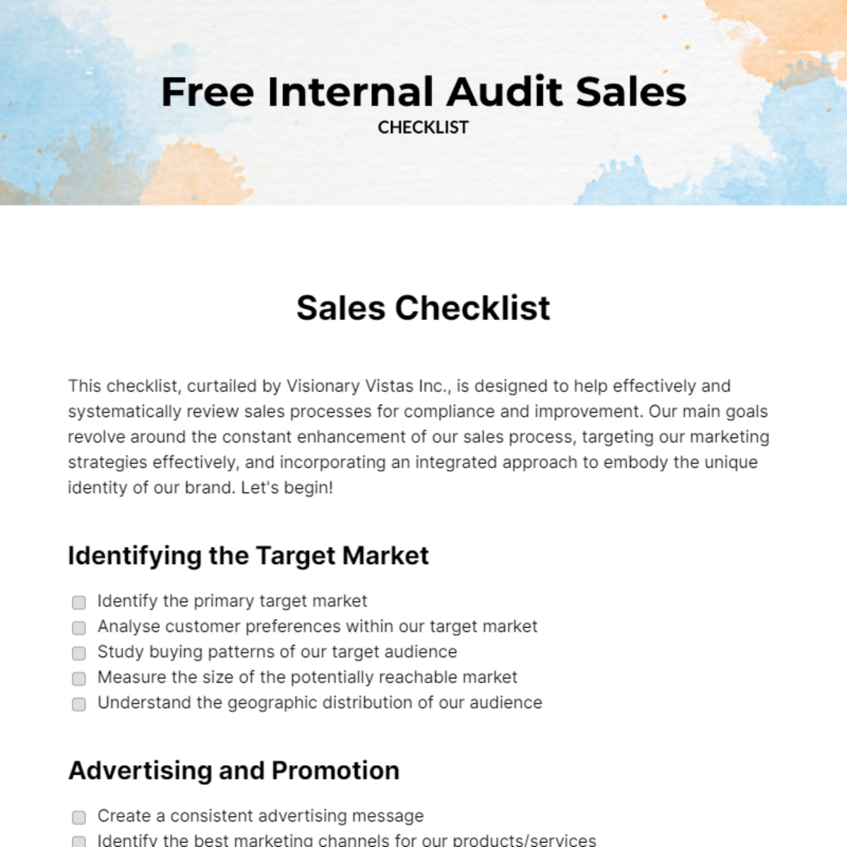 Internal Audit Sales Checklist Template