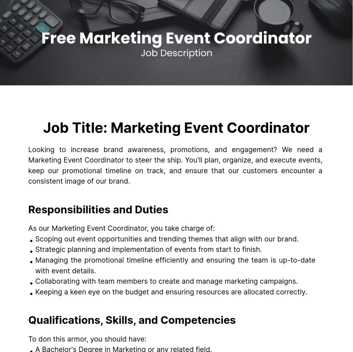 Free Marketing Event Coordinator Job Description Template