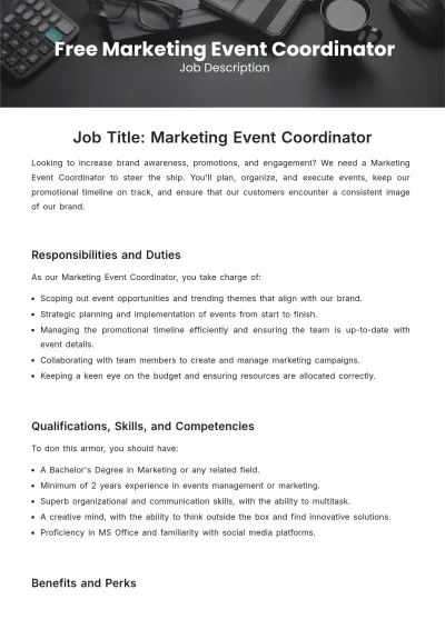 Free Marketing Event Coordinator Job Description Template to Edit Online