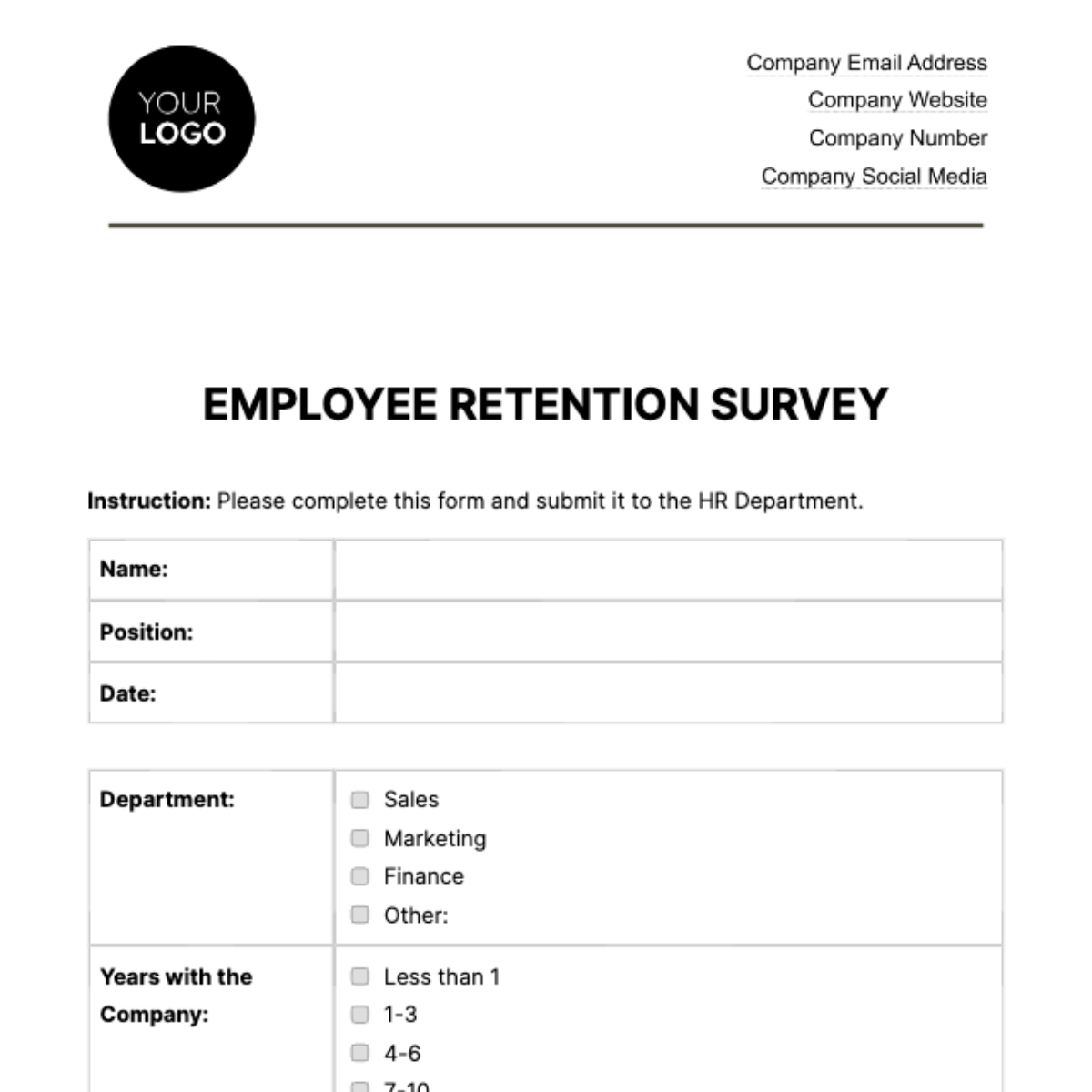 Employee Retention Survey HR Template