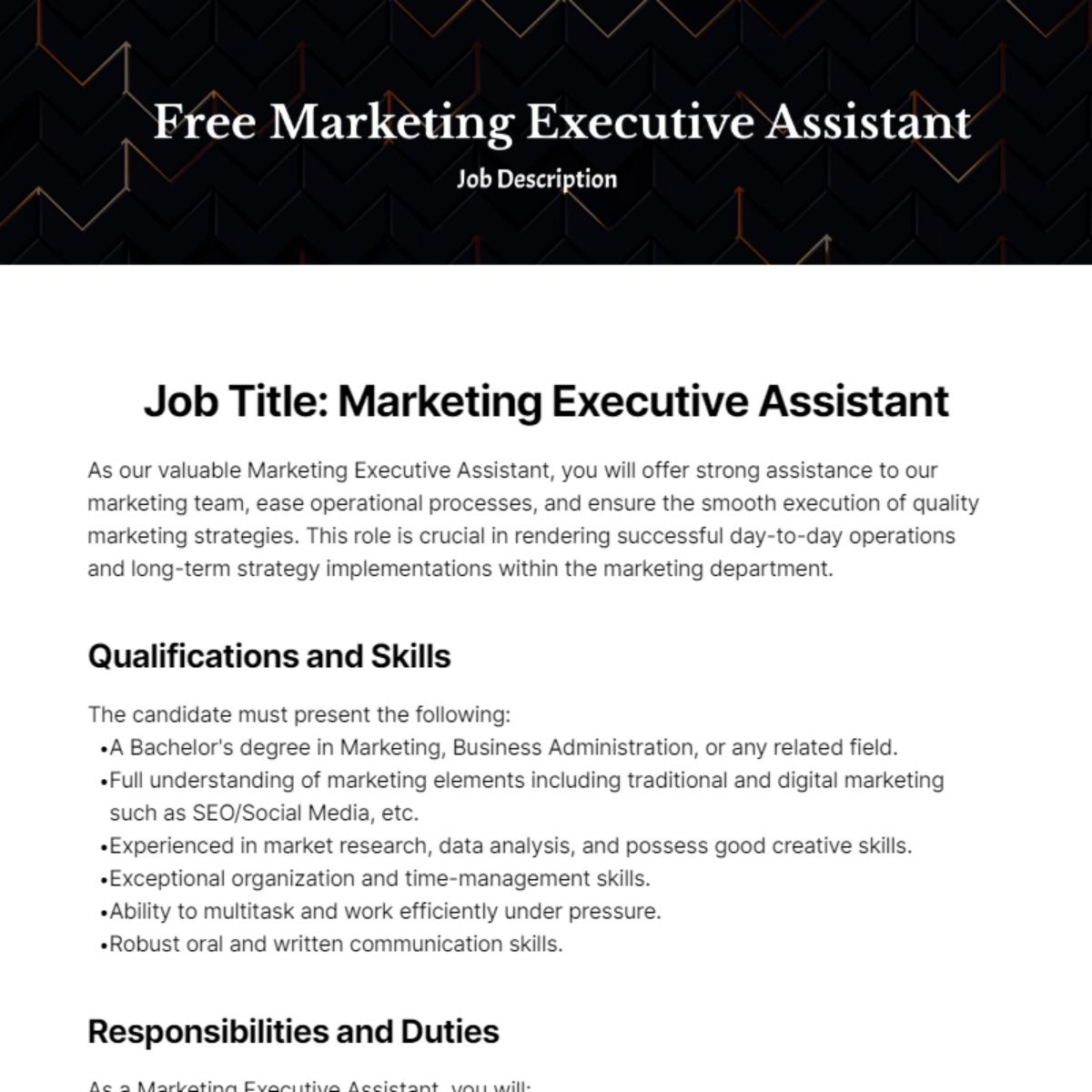 Marketing Executive Assistant Job Description Template