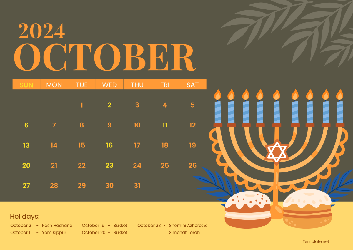 October Calendar 2024 with Jewish Holidays Template