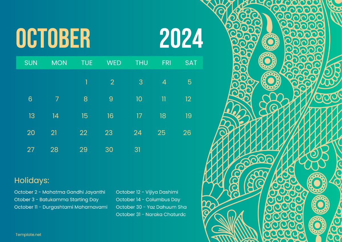 October 2024 Indian Calendar Template