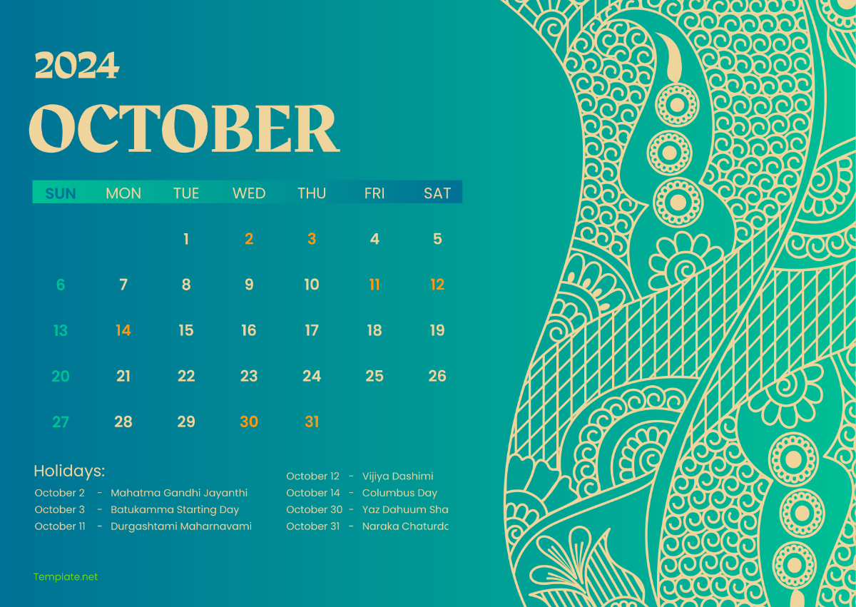 October 2024 Indian Calendar Template