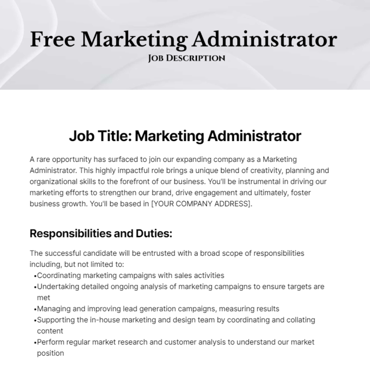 Free Marketing Administrator Job Description Template