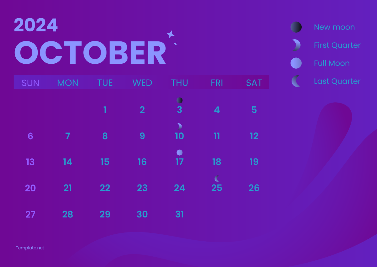 Moon Phase Calendar October  2024 Template