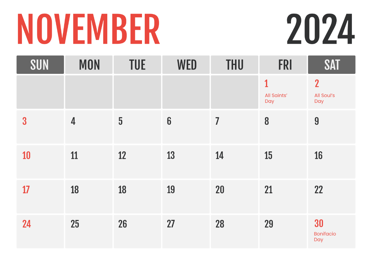 November 2024 Calendar with Holidays Philippines Template Edit Online