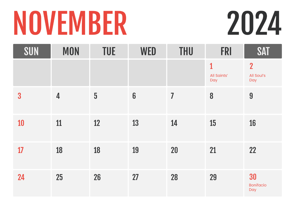 November 2024 Calendar with Holidays Philippines Template - Edit Online & Download