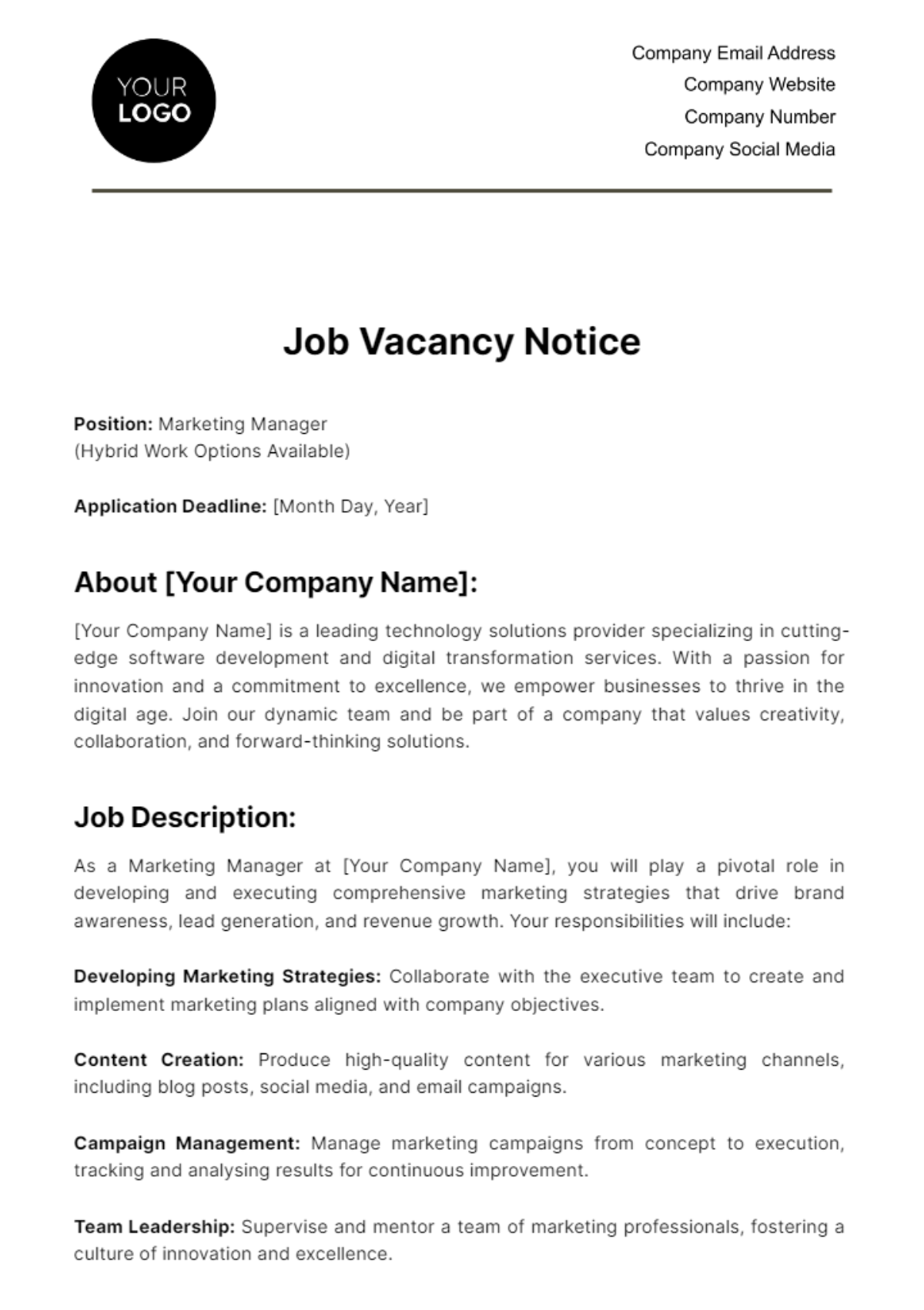 Job Vacancy Notice HR Template