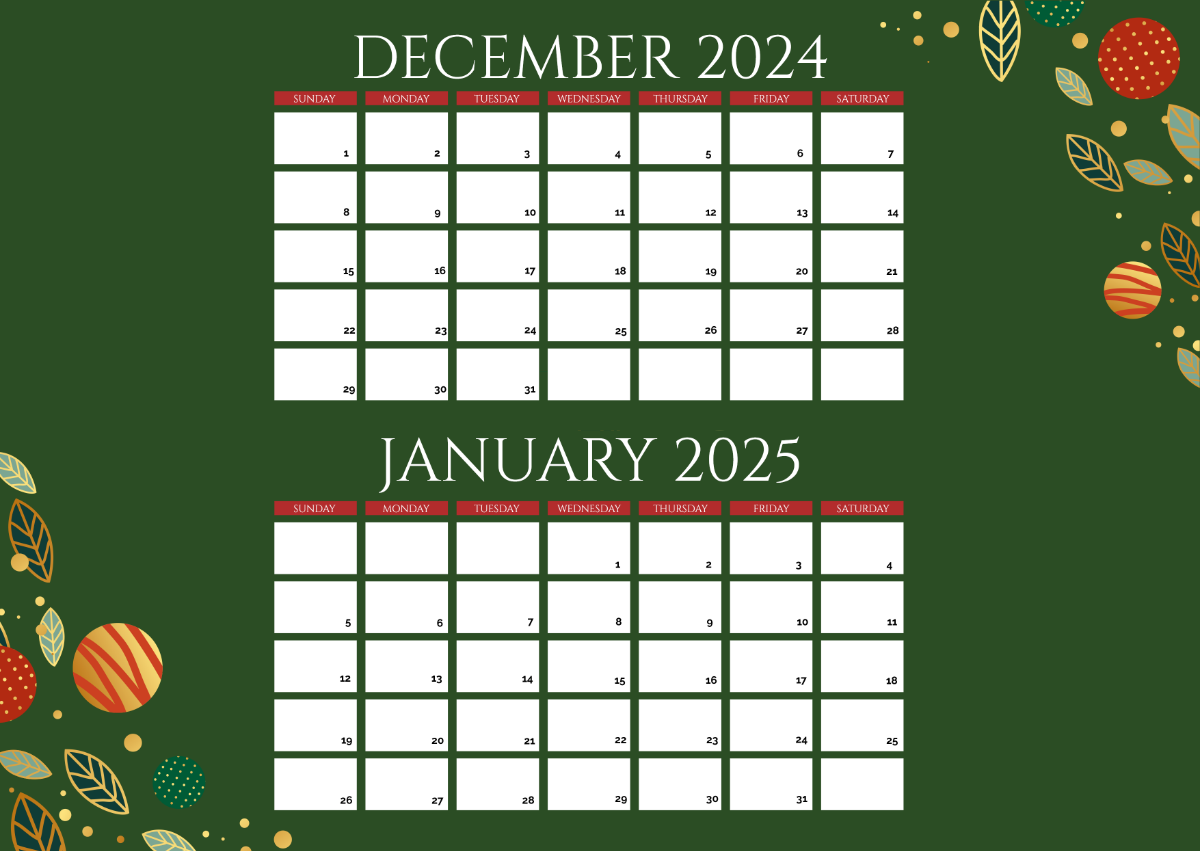 December January Calendar 2024-2025 Template