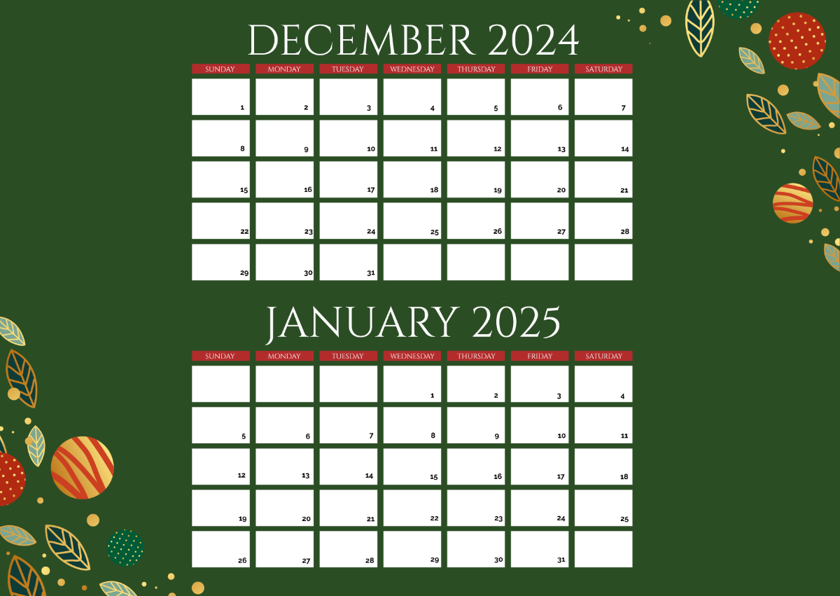 December 2025 January 2025 Calendar Excel Spreadsheet Online