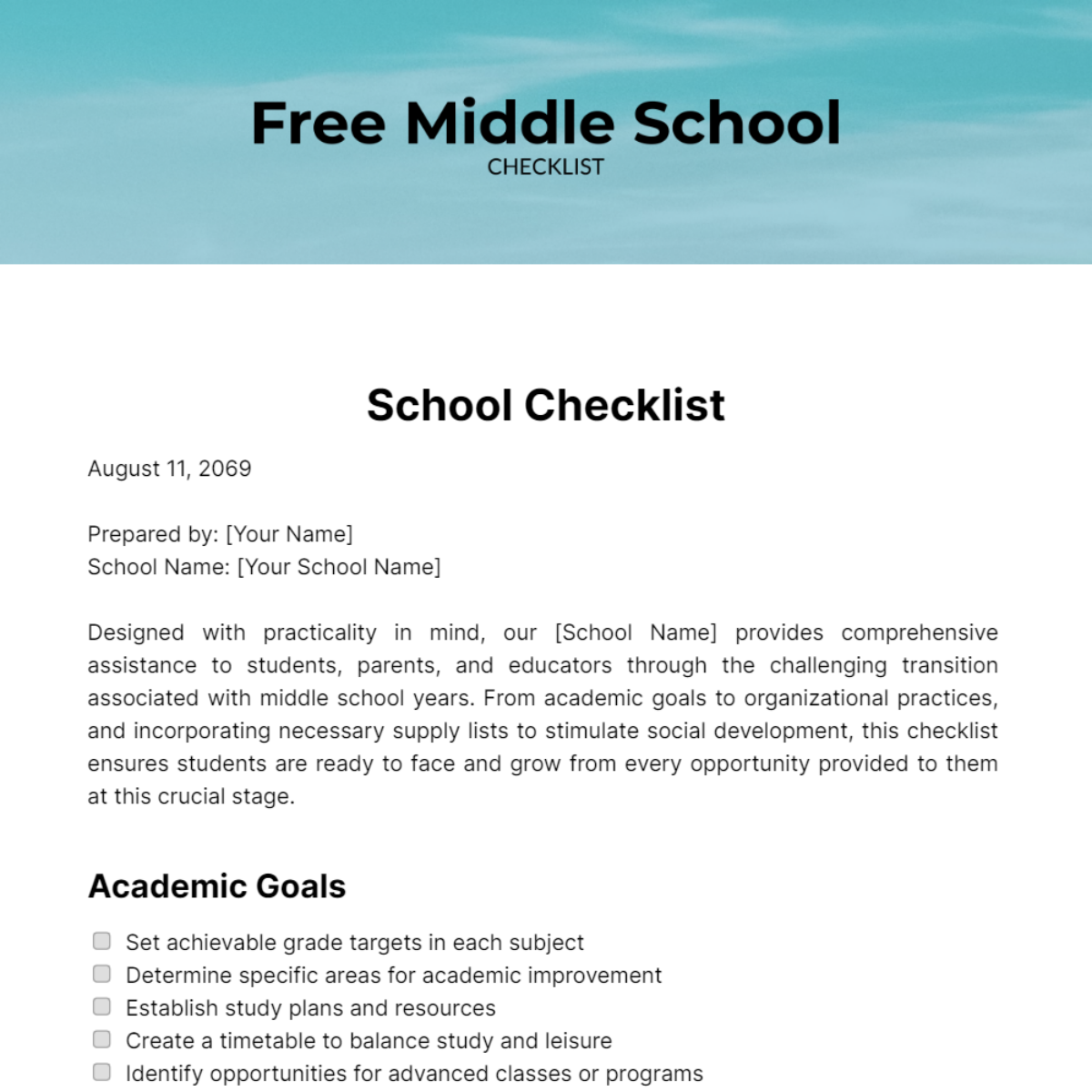 Free Middle School Checklist  Template