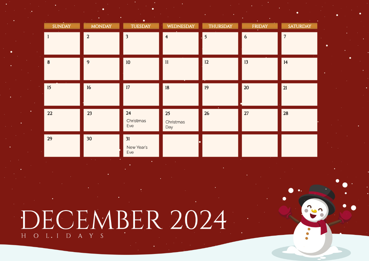December Calendar 2024 with Holidays Template