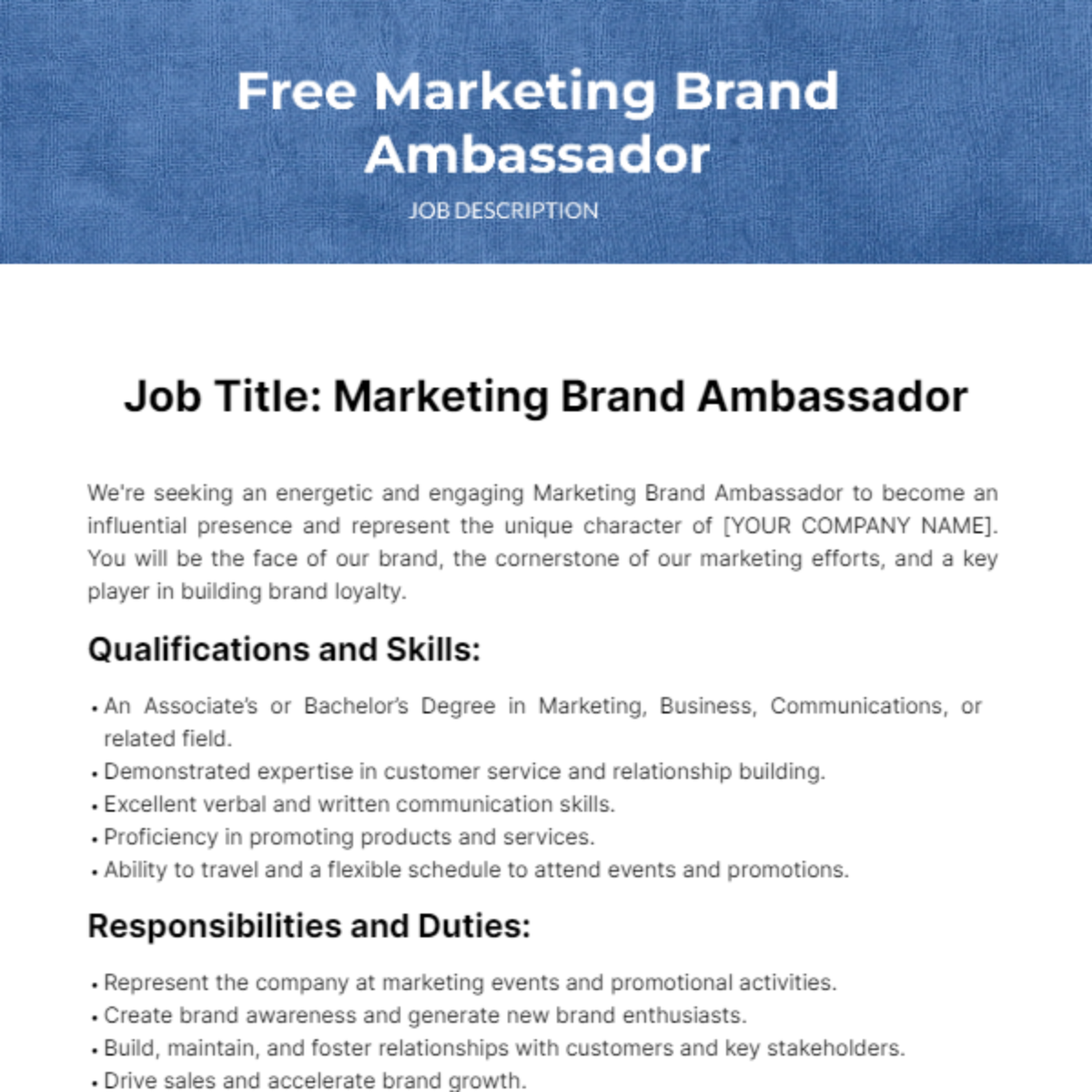 Free Marketing Brand Ambassador Job Description Template
