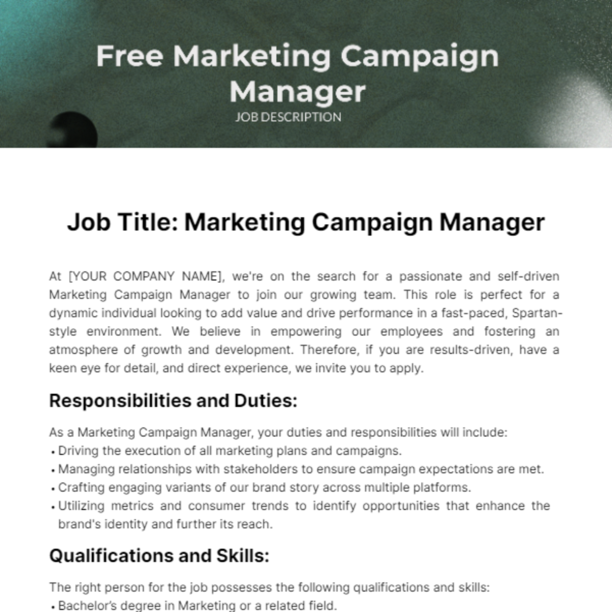 Free Marketing Campaign Manager Job Description Template