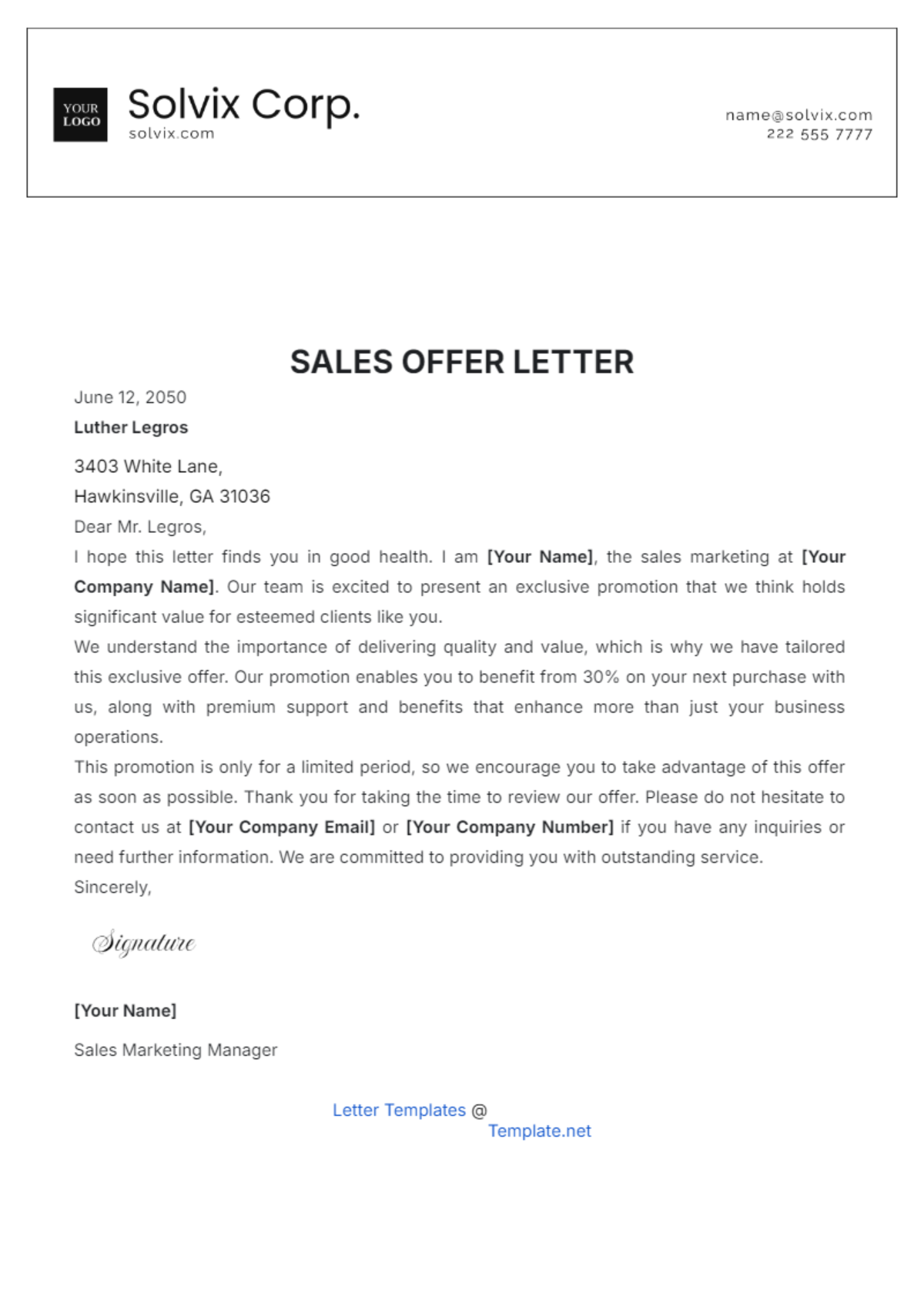 Sales Offer Letter Template - Edit Online & Download