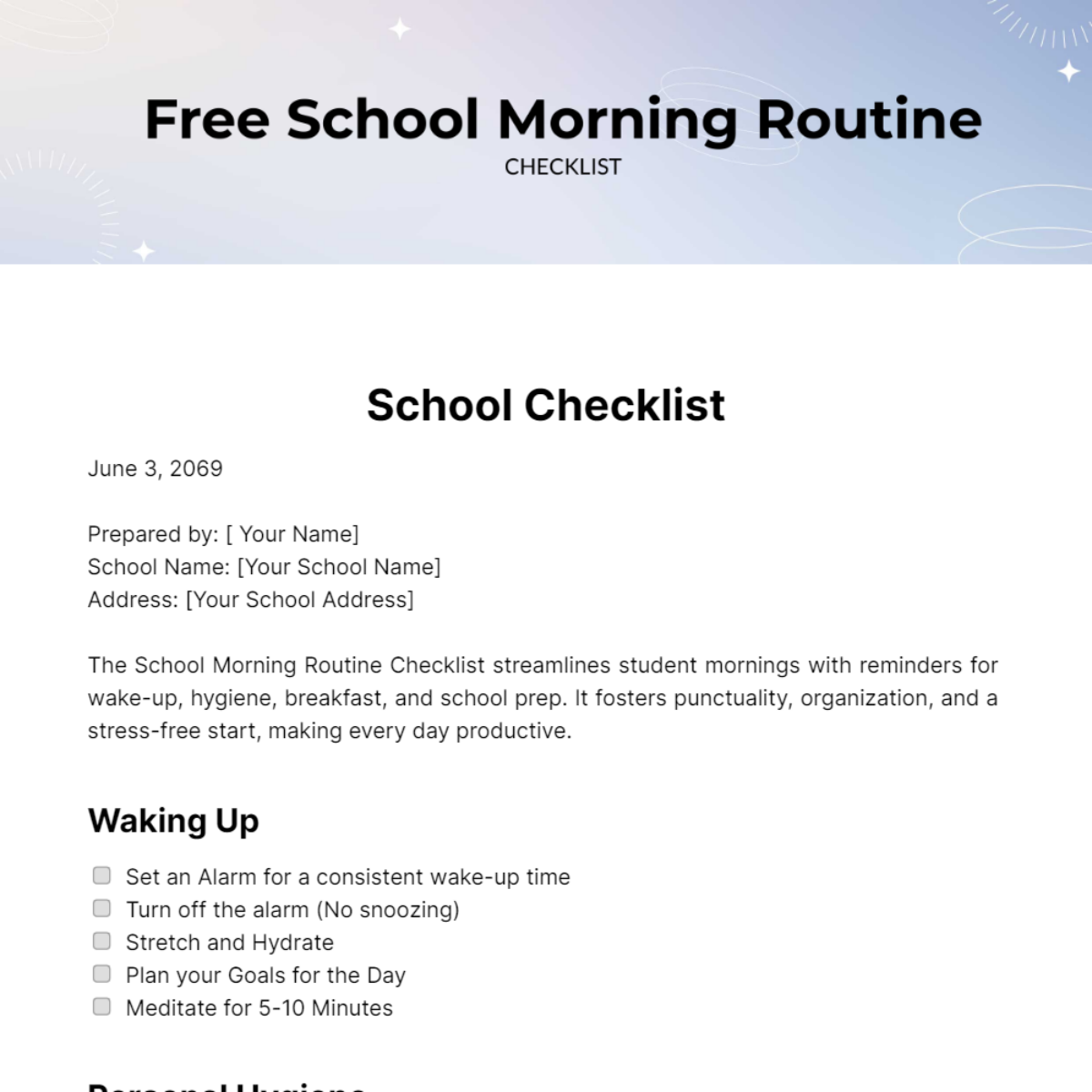 Free School Morning Routine Checklist Template