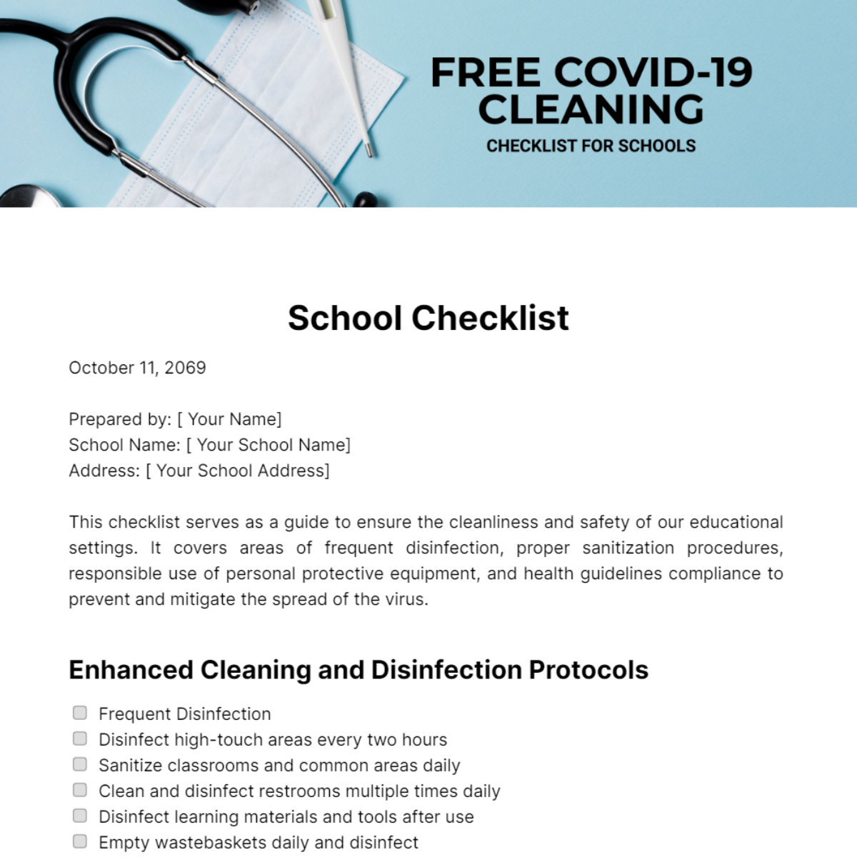 Covid-19 Cleaning Checklist for Schools Template