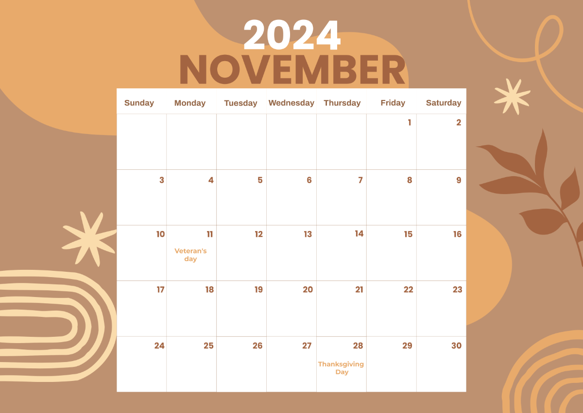 November Calendar 2024 with Holidays Template