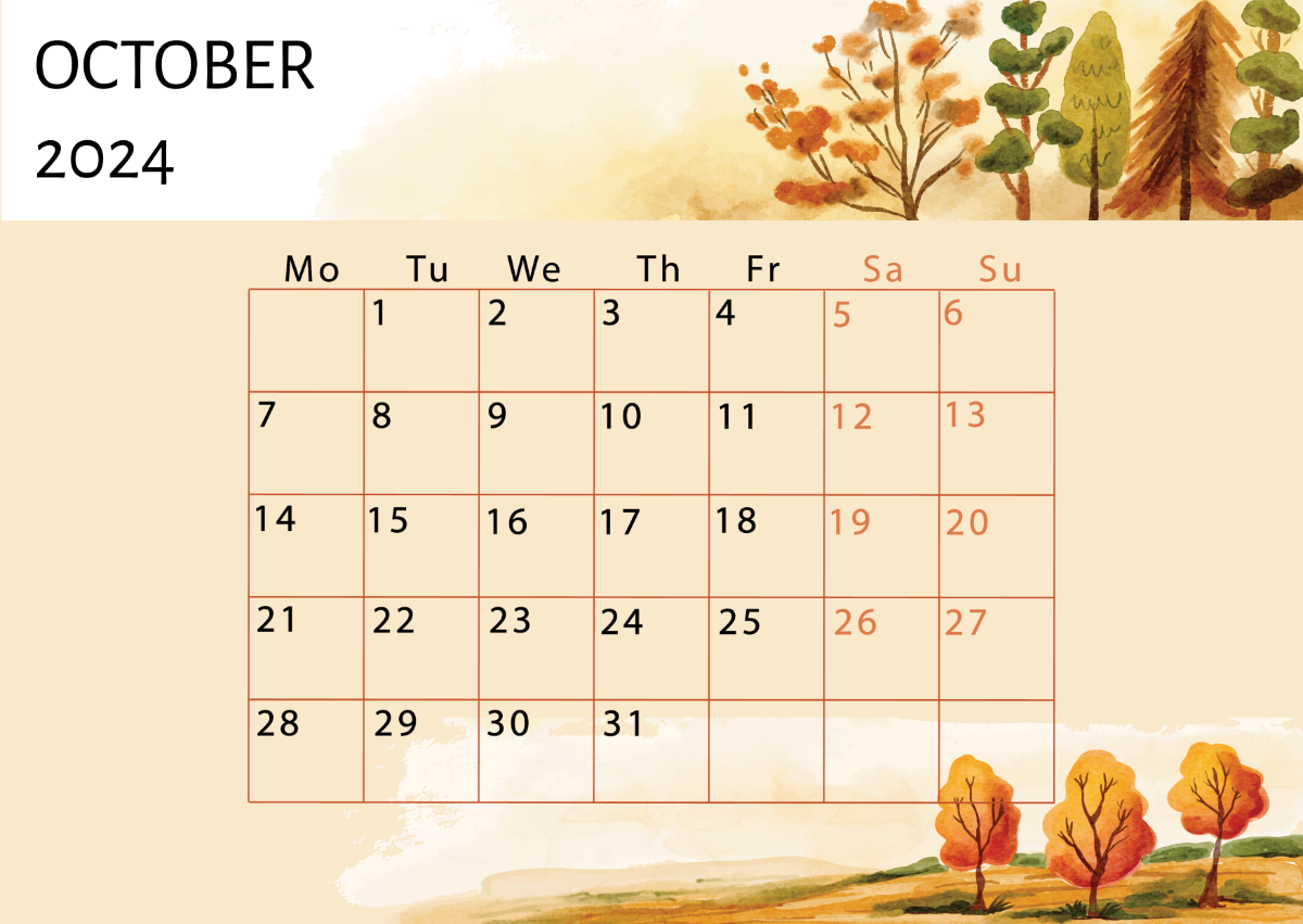 Horizontal October 2024 Calendar Template