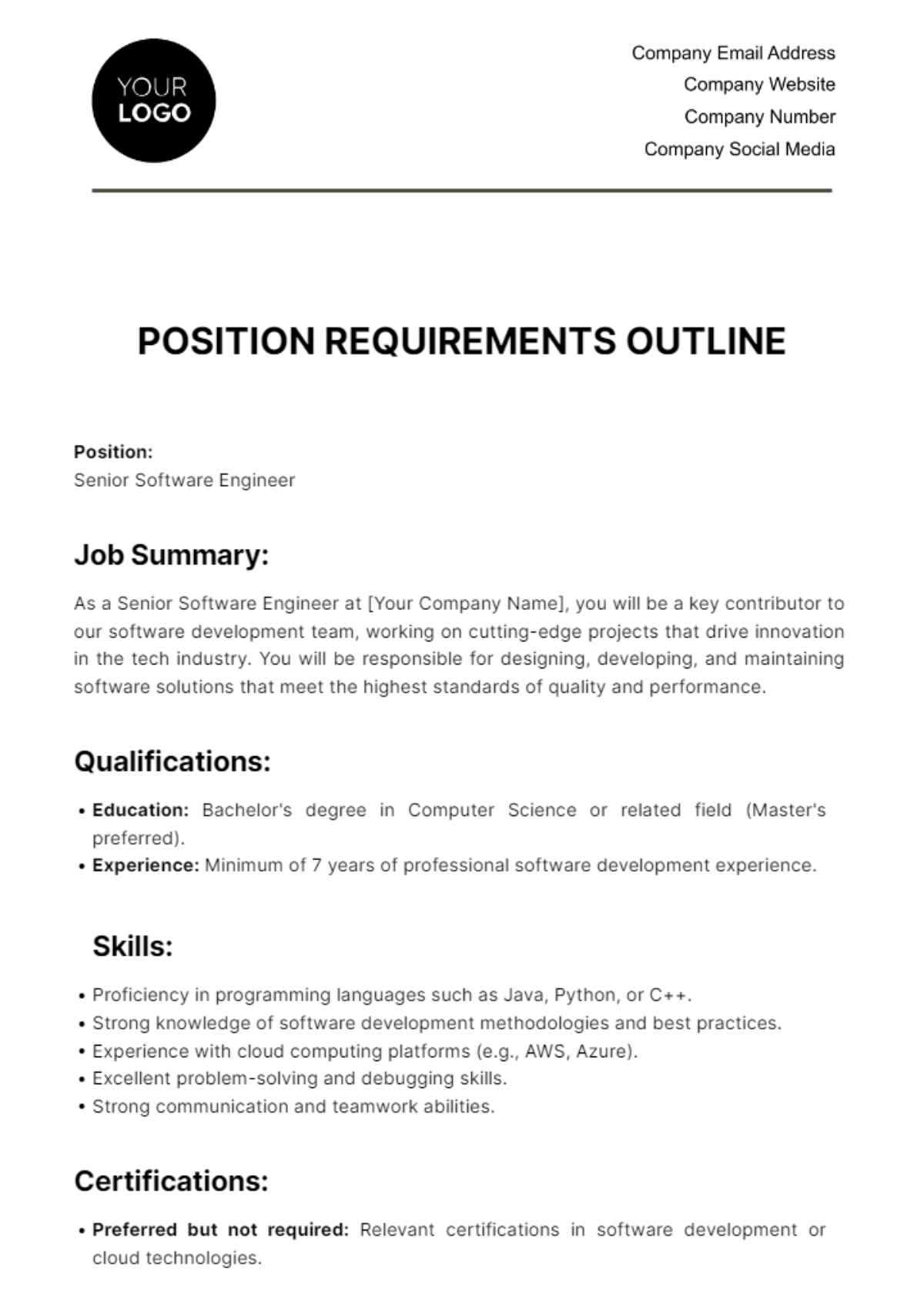 Position Requirements Outline HR Template