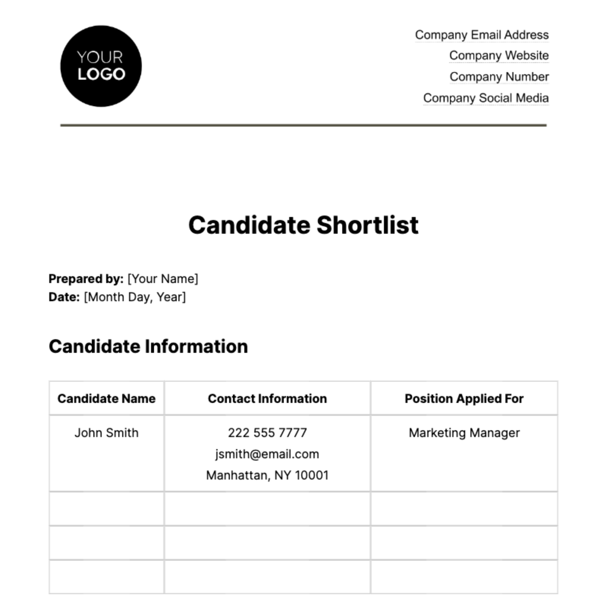 Candidate Shortlist HR Template