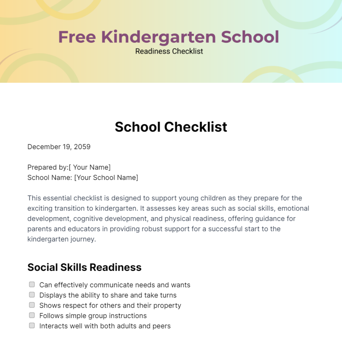 Free Kindergarten School Readiness Checklist Template