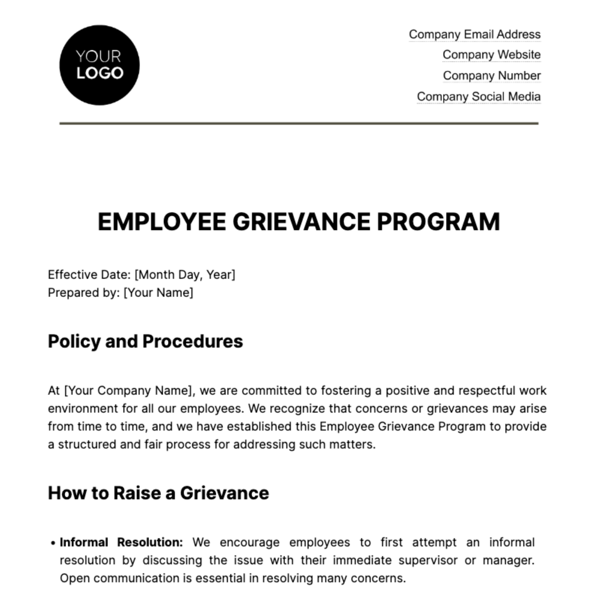 Employee Grievance Program HR Template - Edit Online & Download