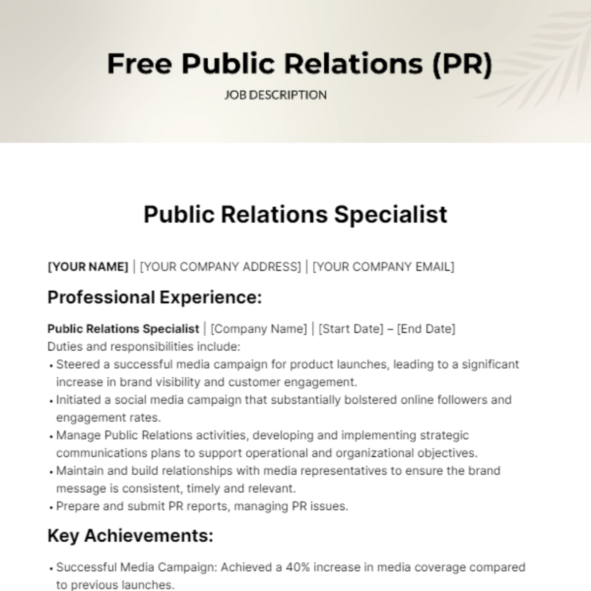 Public Relations (PR) Job Description For Resume Template