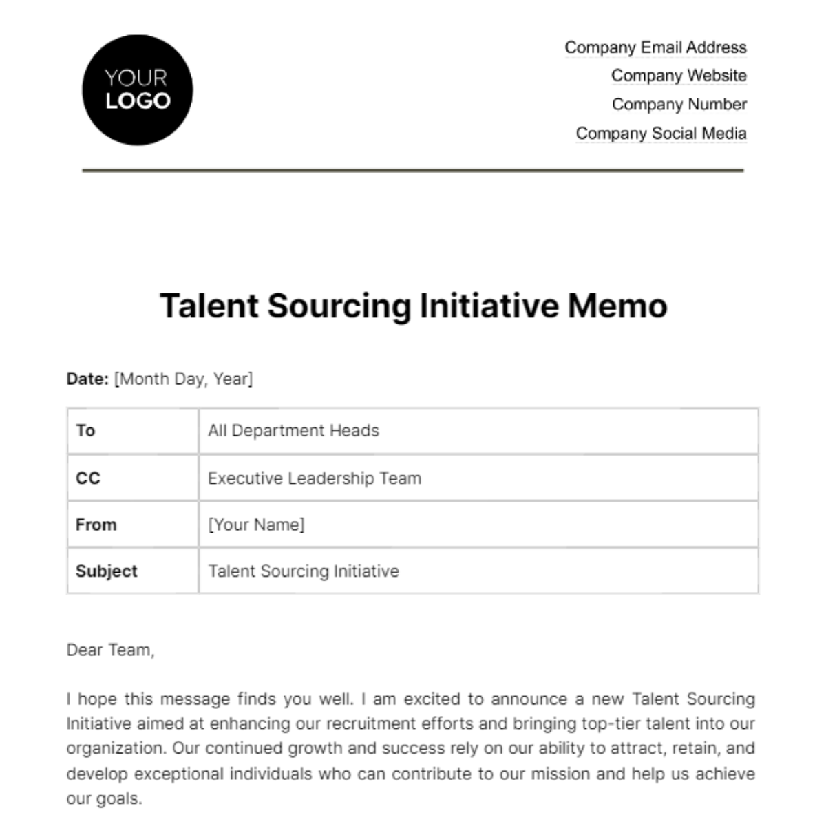 Talent Sourcing Initiative Memo HR Template - Edit Online & Download