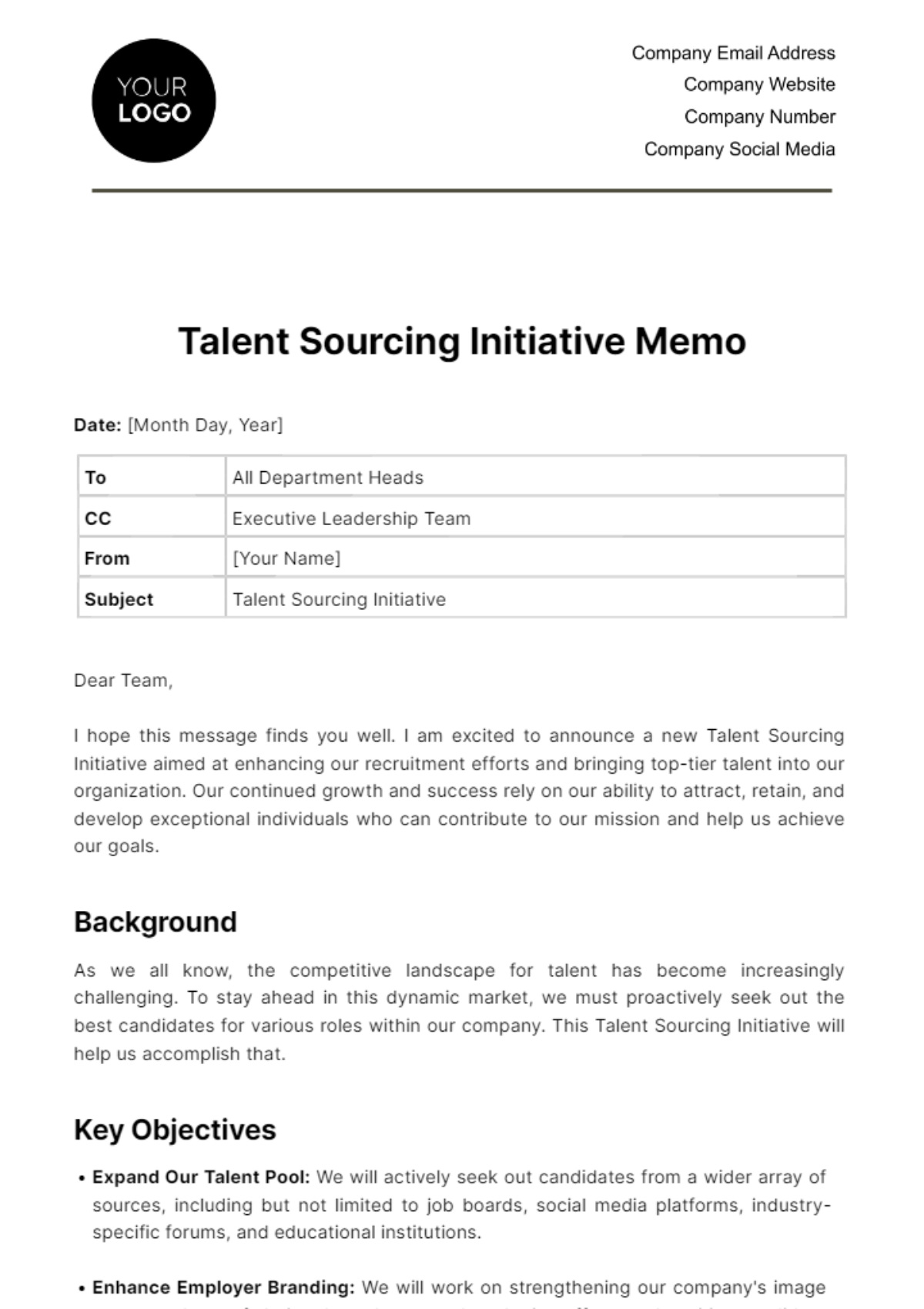 Talent Sourcing Initiative Memo HR Template