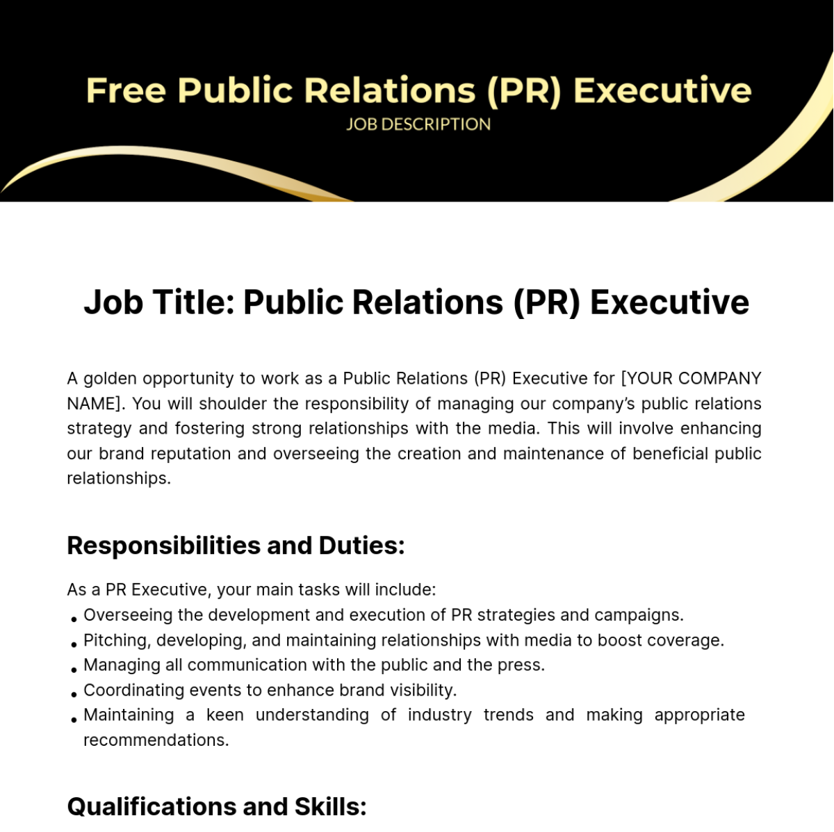 Public Relations (PR) Executive Job Description Template