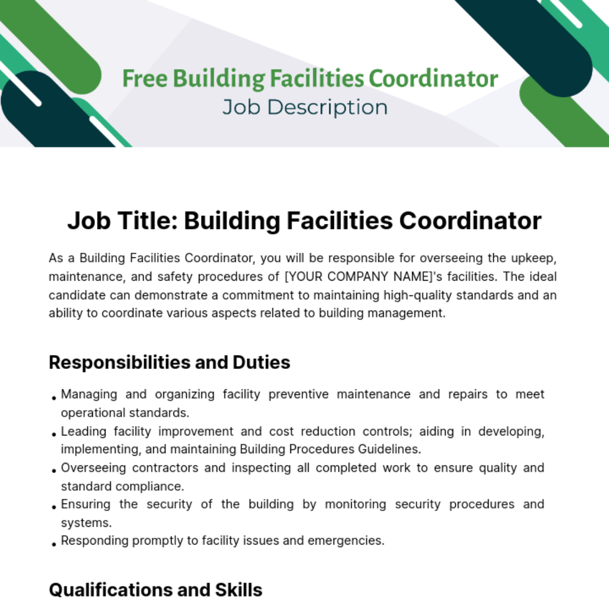 Free Building Facilities Coordinator Job Description Template