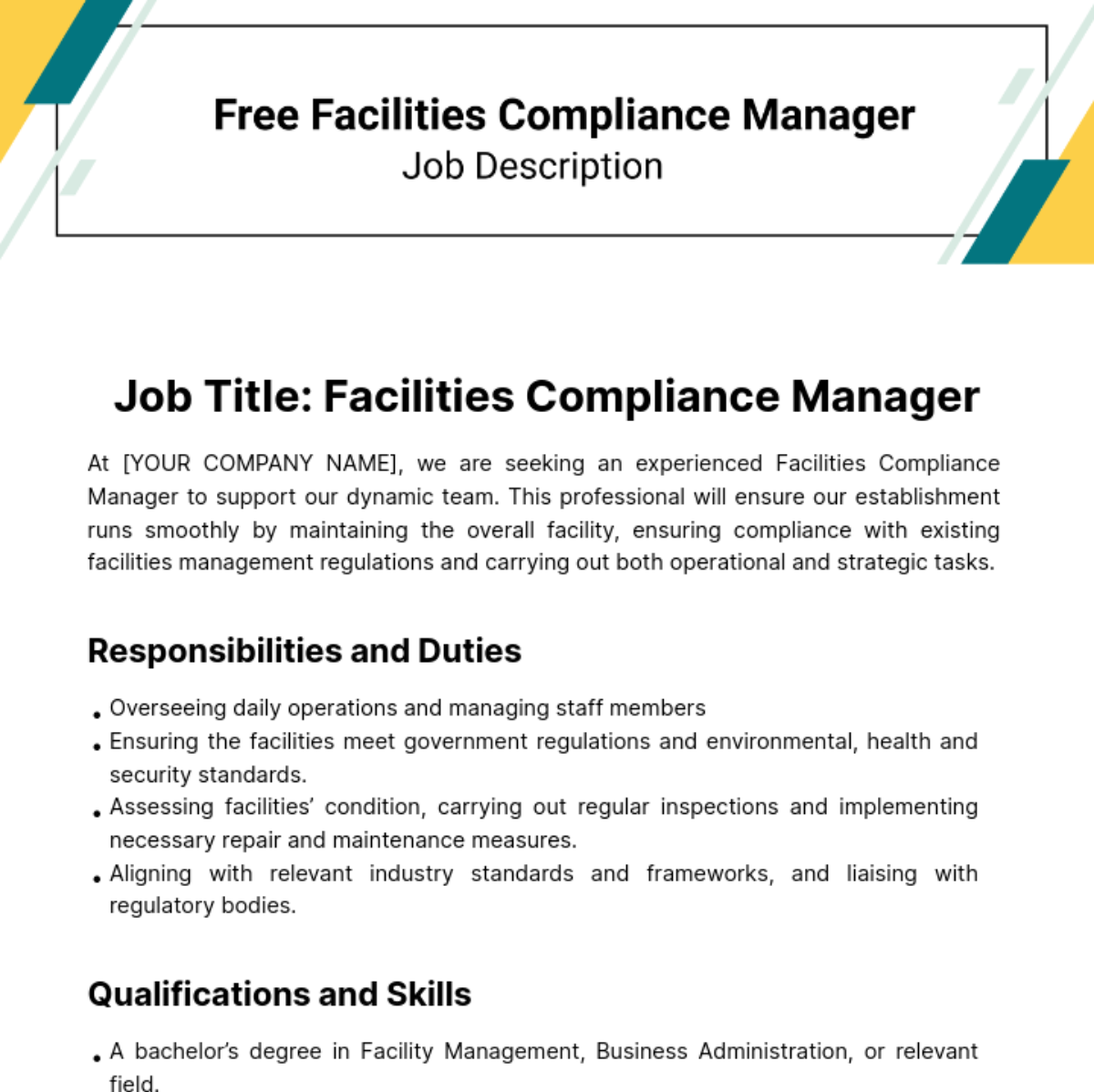 Free Facilities Compliance Manager Job Description Template