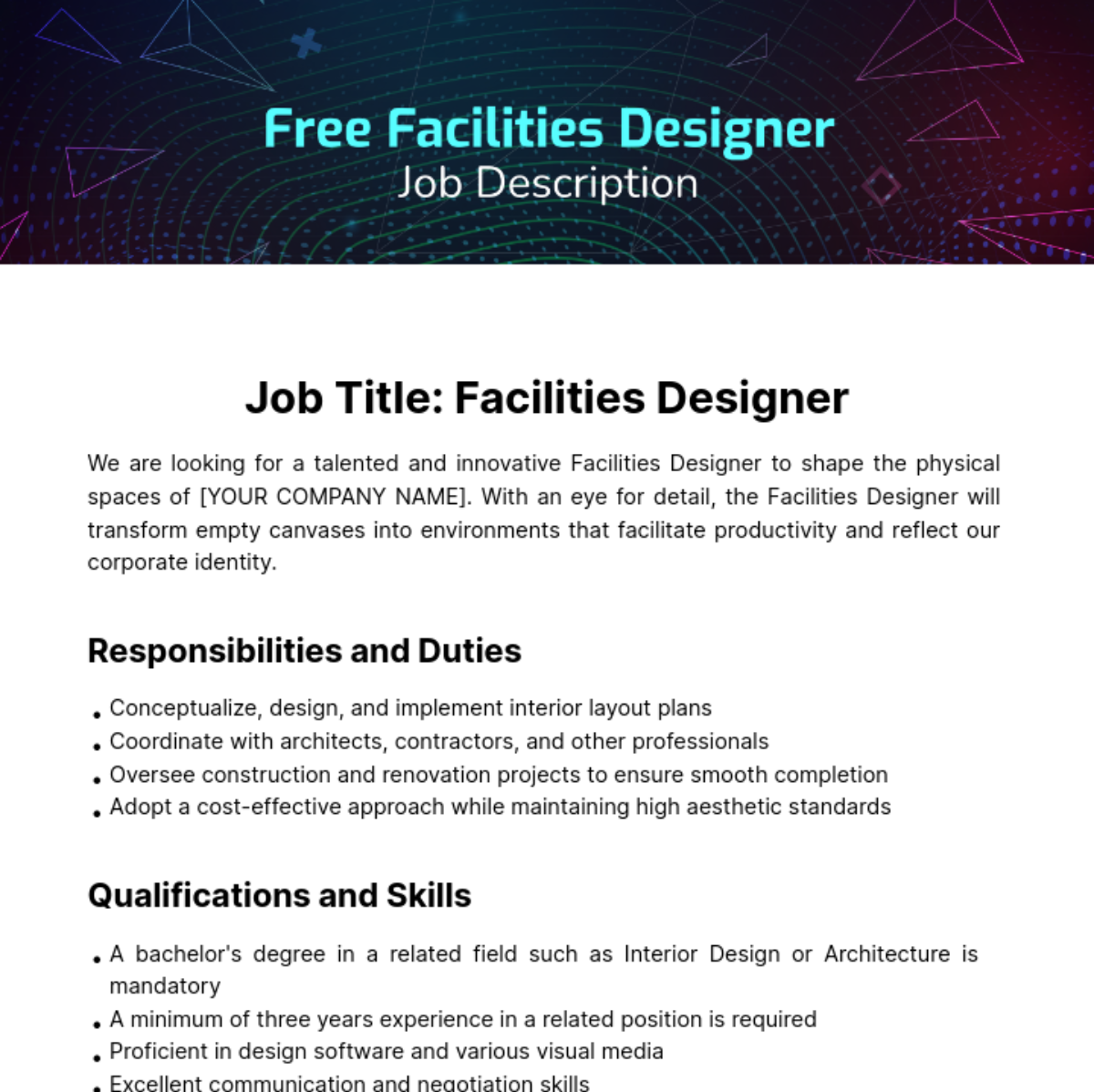 Facilities Designer Job Description Template