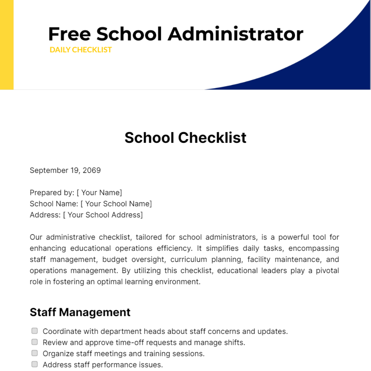 Free School Administrator Daily Checklist Template